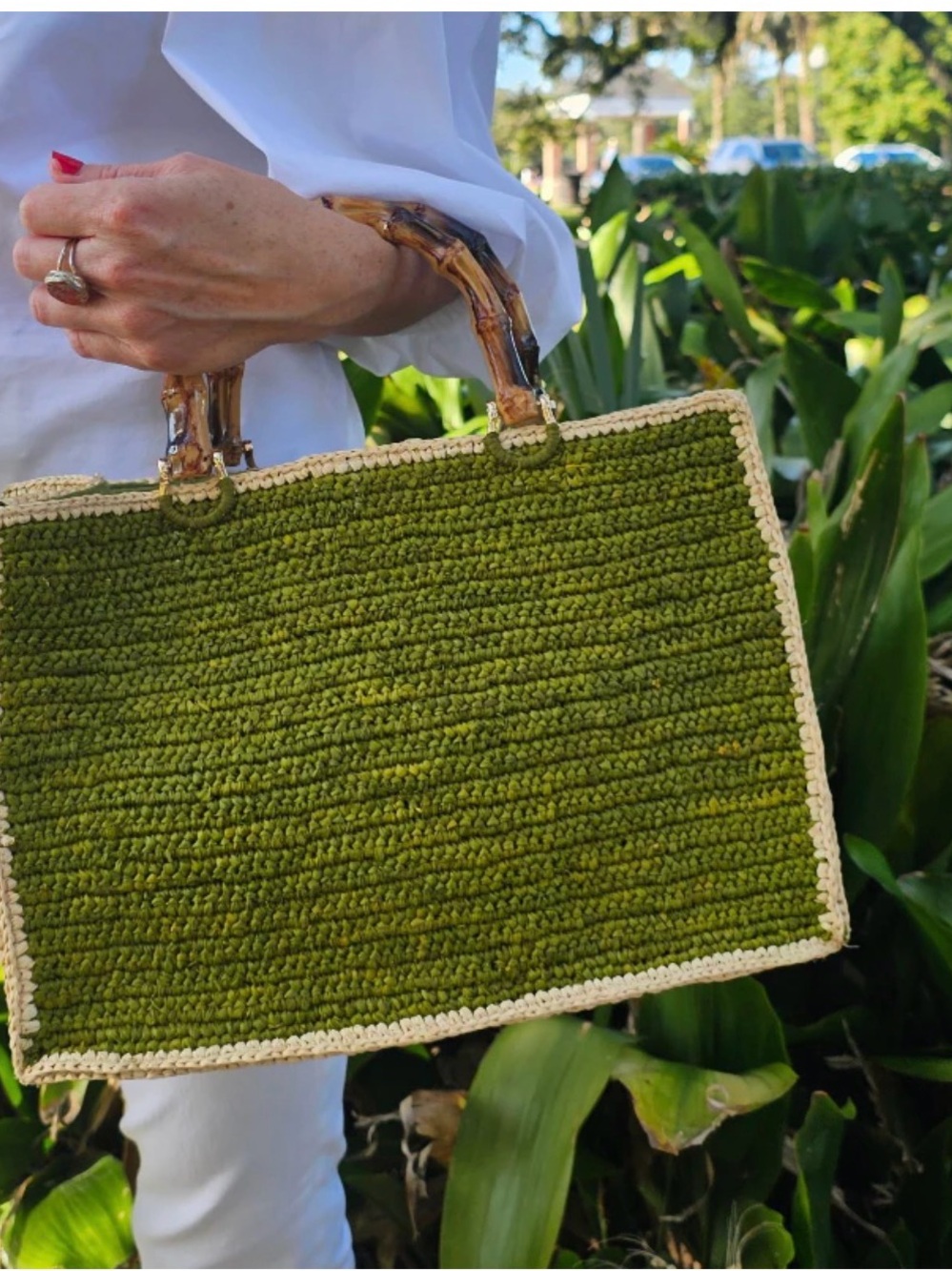 Baldiz Piper Bamboo Bag Olive Green Hay Raffia Tote NWT Retail $245 - Picture 9 of 10